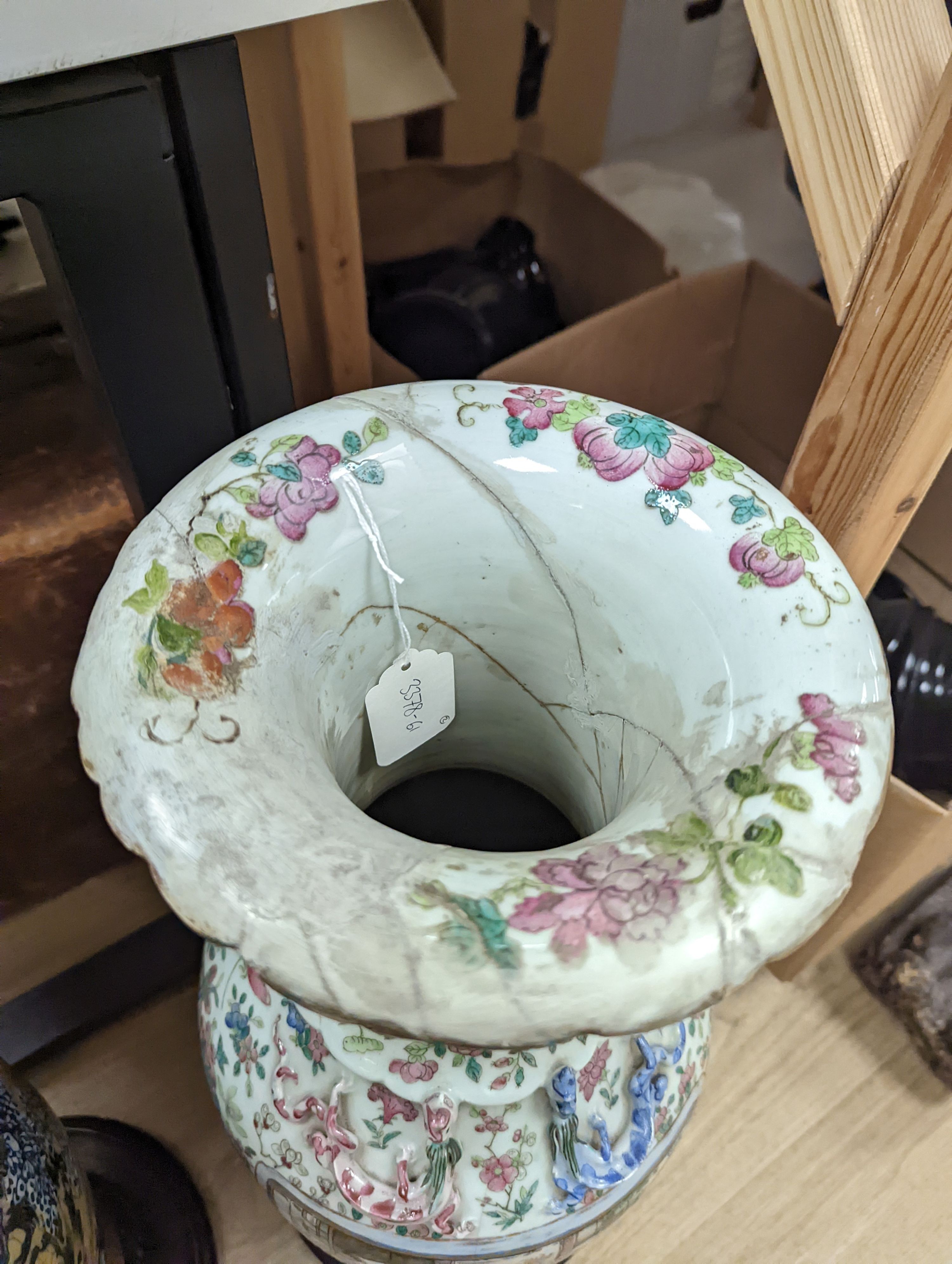 A large Chinese crackle glaze vase, late 19th/early 20th century and a large Chinese famille rose vase, late 19th century, tallest 60 cm.